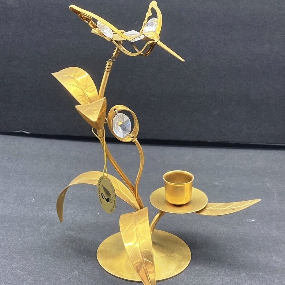 90s MASCOT USA Austrian Crystal Hummingbird Candle Holder 24K Gold Plated 8" New